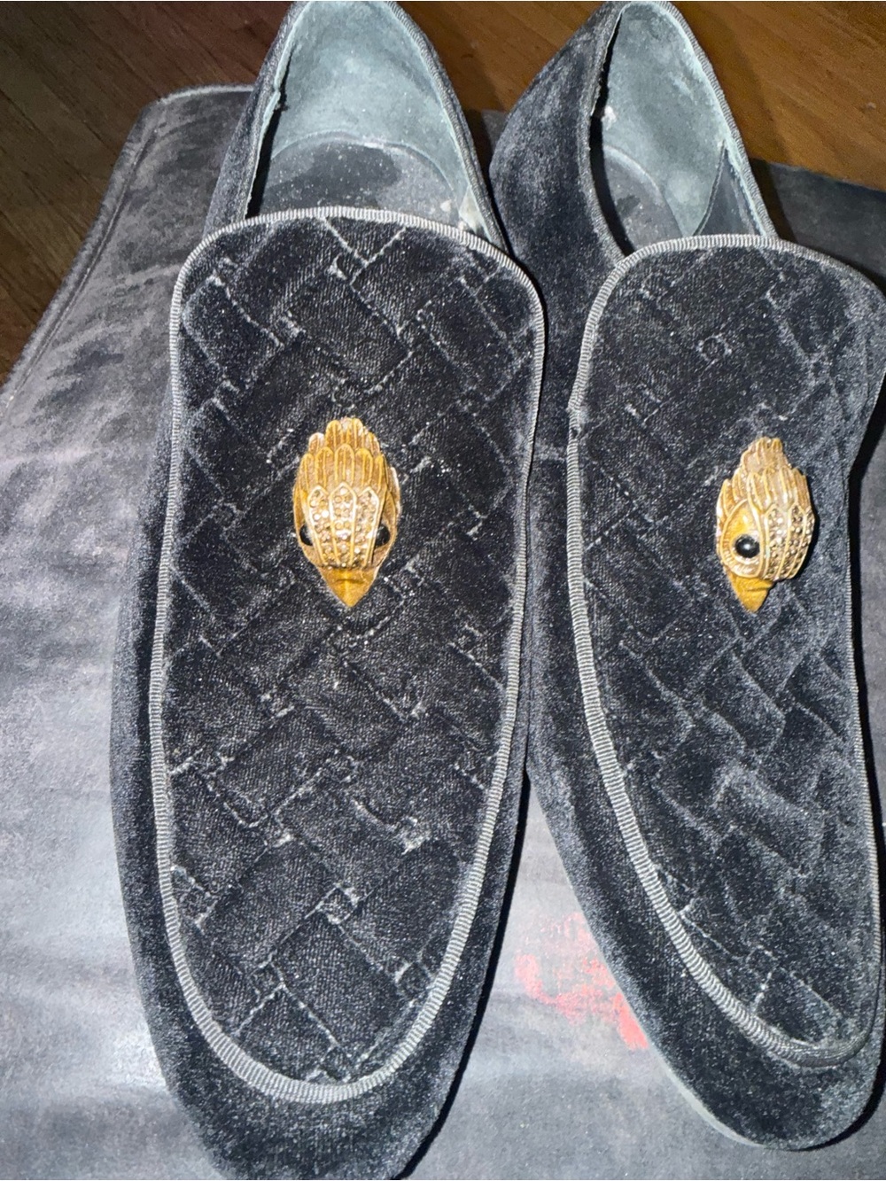 Kurt Geiger Black Velvet Slip-On Loafers with Gold Crest